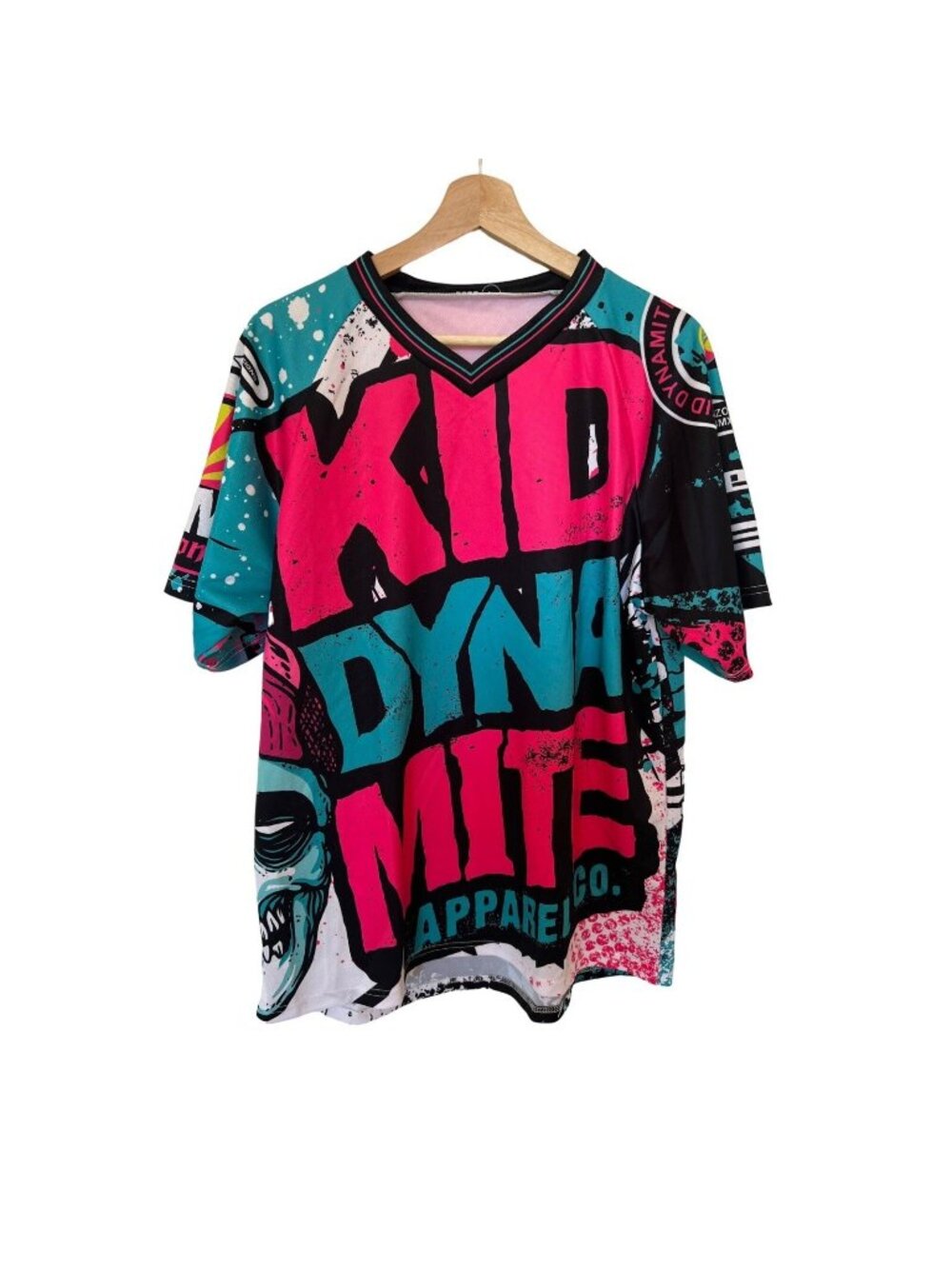 Kid Dynamite Pops BMX Graphic Jersey Shirt Large Multicolor Pink Teal Black V-Ne